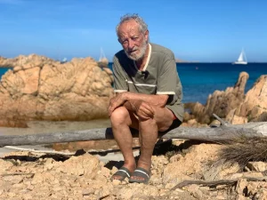 流木に座るサンダル履き